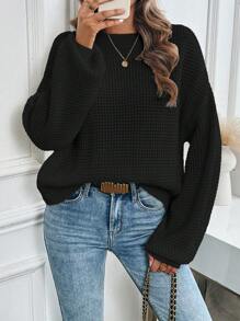 SHEIN LUNE Áo len nữ dáng rộng, tối giản, màu trơn, vai rớt, chất liệu dệt kim kiểu waffle, tay dài, thích hợp cho mùa thu đông. - màu đen - Xem 6