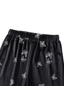 1pc Tween Girls Butterfly Print Black Velvet Flared Pants, Spring/Autumn - Black - View 4