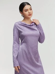 Veilorie Ladies' Elegant Floral Jacquard Long Sleeve Long Dress With V-Neck For Spring/Summer Modest - Dusty Purple - View 5