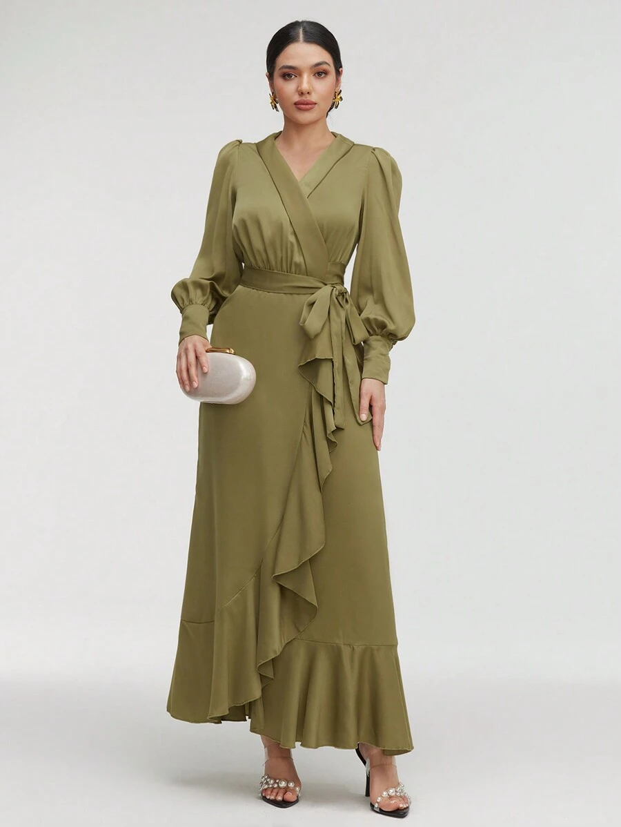 Veilorie Women Dresses Berikat Ruffle Hem Membungkus Plain Anggun - Hijau Tentara - View 1