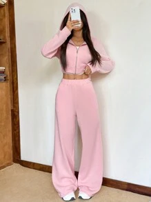 SHEIN EZwear Bộ đồ thể thao quần nỉ và áo hoodie rút dây màu hồng cho nữ - Hồng - Xem 4