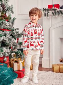 1pc Young Boy Fashionable Casual Cute Style Christmas-Themed Collared Long Sleeve Shirt - Multicolor - View 5