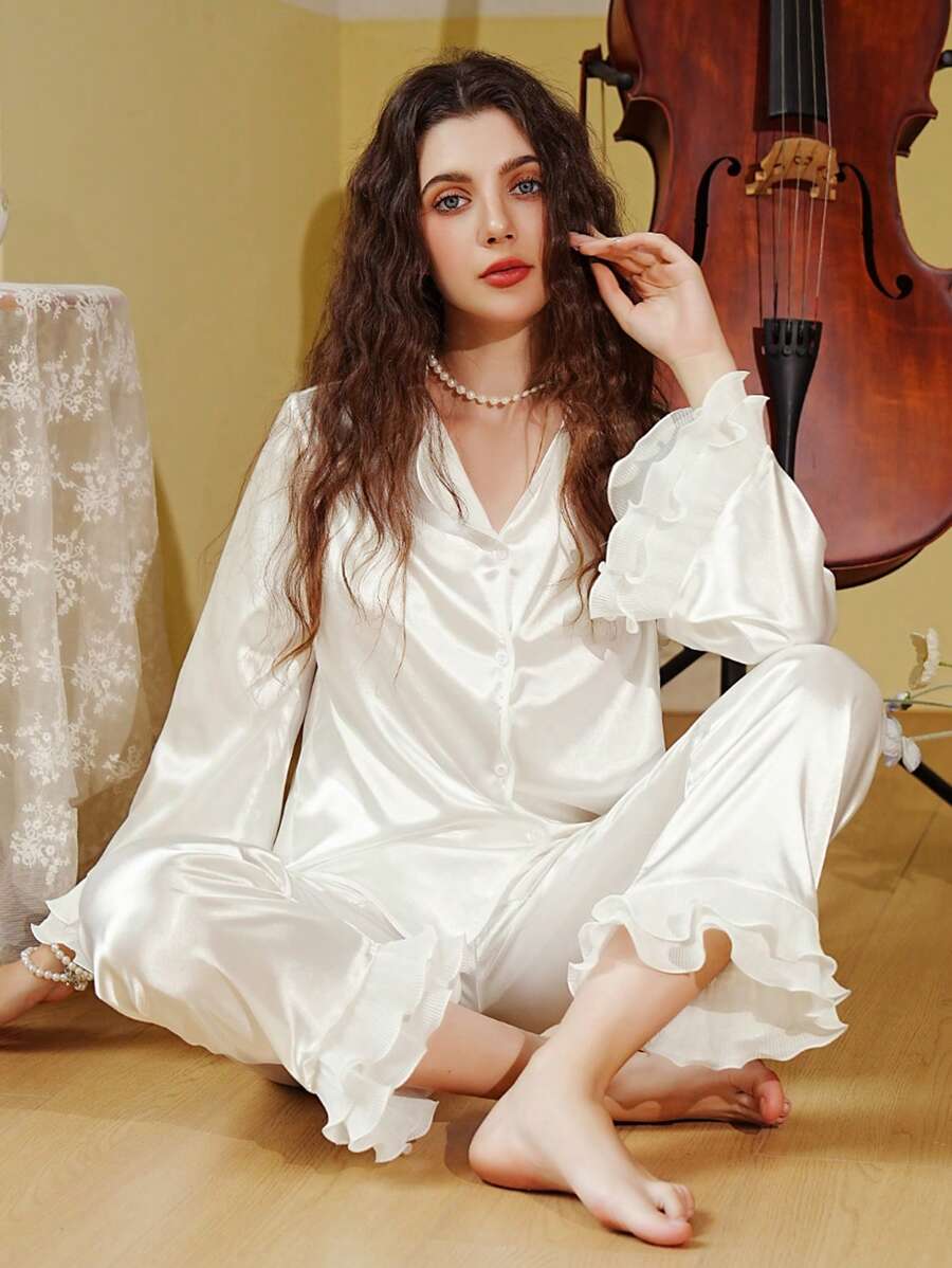 Côtesoire Ladies' Solid Color Ruffle Hem Sleepwear Pajama Set With Decorative Trim, White Set Holiday Season, Fall Winter Clothes - White - View 1