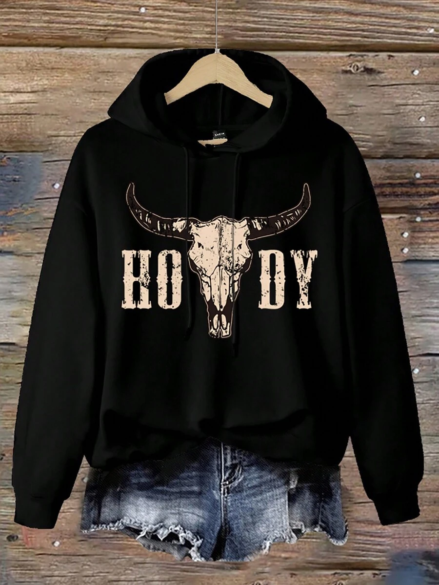 EMERY ROSE 休闲简约西部牛仔牛头印花宽松连帽厚款女式运动衫，冬季 - 黑色 - 查看 1