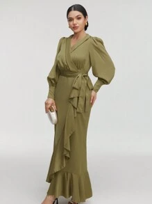 Veilorie Women Dresses Berikat Ruffle Hem Membungkus Plain Anggun - Hijau Tentara - View 8