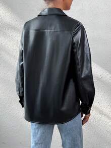 翻蓋口袋下垂肩PU皮夾克 - 黑色 - 查看 2