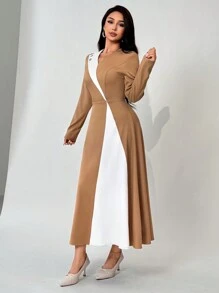 Modelyn 女士纯色拼色长袖纽扣装饰休闲中长连衣裙长款晚礼服 - 卡其色 - 查看 3