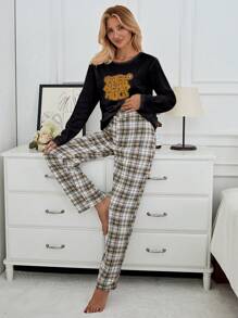 RueChic Cotton 2Pcs Slogan Printed Top And Plaid Printed Sleep Bottom PJ Set - Black - View 6