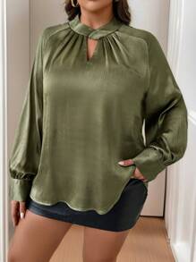 SHEIN Clasi Plus Size Women's Elegant Solid Color Open Neck Lantern Sleeve Loose Blouse, Spring/Autumn - Dark Green - View 3