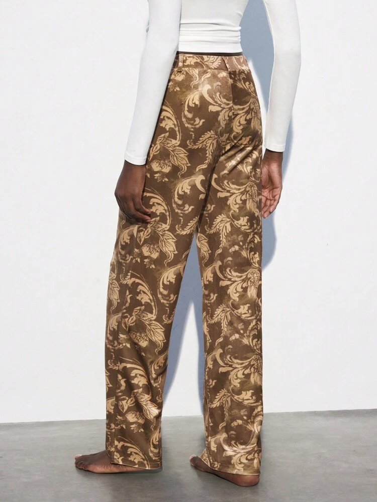 SHEIN Maija Women All-Over Print Pocket Decor Elegant Straight Leg Pants For Work