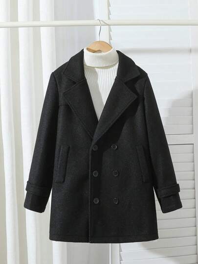 SHEIN Elegant gentlemanlik överrock för tween-pojkar, enkel dubbelknäppt design, hack i slaget, mjukt och bekvämt tyg, lämplig för höst och vinter, kan enkelt kombineras med andra plagg för en snygg och mångsidig look, perfekt för fester, helgdagar, skolevenemang och vardagskläder, helgdagar, sommar, resor