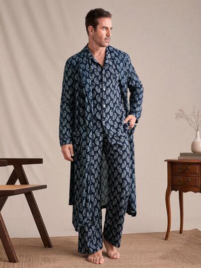 EverLounge Herr Paisley Print Camp Collar Patchwork Pocket Belted Robe