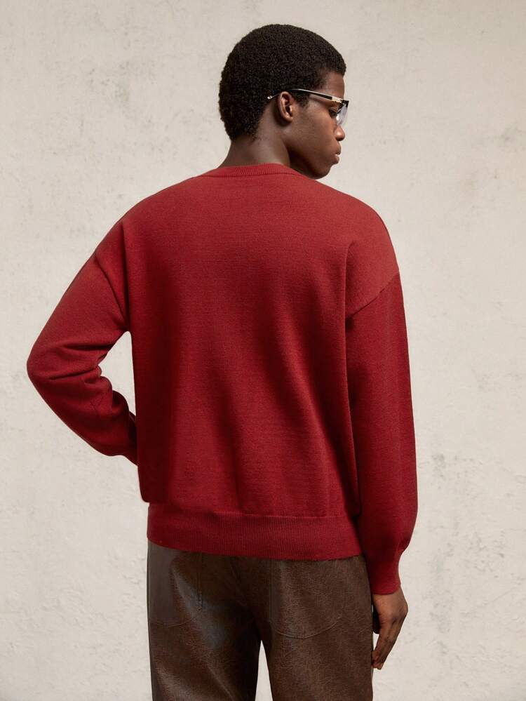 Christmas Men's Loose Fit Drop Shoulder Short Casual Knitted Graphic Colorful Urban Crew Neck Red Pullover Sweater, Suitable For Autumn/Winter, Christmas, New Year, Party. Features Christmas Tree, Christmas Wishes, Bear Jacquard, Letter And Animal Patterns, For Old Money Men, Long Sleeve, Boyfriend Gift
