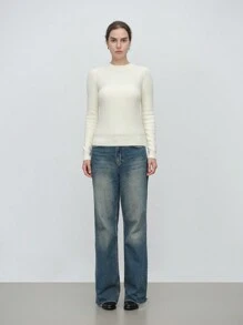 SHEIN LUNE Women's Solid Color Round Neck Long Sleeve Fitted Sweater, Autumn/Winter Knit Pullover Fall - Apricot - View 7