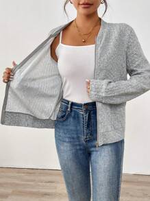 SHEIN LUNE Jaqueta Bomber de Estilo Esportivo Feminina, Tecido com Textura Jacquard, Casual, Adequada para Roupas Esportivas, Casa, Uso Elegante de Rua, Outono/Inverno - Cinza - Visão 7