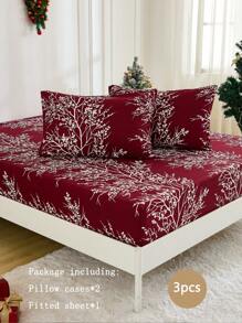 3 件圣诞勃艮第背景白叶数码印花床上用品套装，适合所有季节，圣诞节庆祝活动，适用于卧室、家居装饰 - 酒紅色 - 查看 1