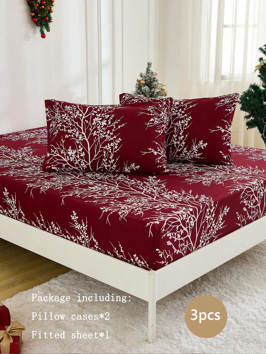 3 件圣诞勃艮第背景白叶数码印花床上用品套装，适合所有季节，圣诞节庆祝活动，适用于卧室、家居装饰 - 酒紅色 - 查看 1