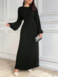 Modelyn 1 件女士纯色圆领长袖简约休闲连衣裙长款晚礼服 - 黑色 - 查看 3
