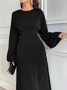 Modelyn 1 件女士纯色圆领长袖简约休闲连衣裙长款晚礼服 - 黑色 - 查看 7