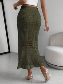 Almamuse Saia suéter feminina clássica cor sólida vazada malha elegante linha A