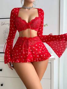 PetitDoll 3pcs Women's Sexy Lingerie Set (Front Hook Flare Sleeve Top, Thong, Mini Skirt) (Valentine's Day Collection) Bridallingerie - Red - View 5