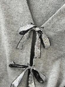 Franclia Women's Solid Color Metallic Yarn Bow Tie Cardigan,Long Sleeve Tops - Grey - View 6