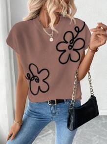 SHEIN LUNE Atasan/Sweater Rajut Lengan Pendek Leher Bulat dengan Motif Bunga dan Potongan Longgar untuk Wanita - Dusty Pink - View 3