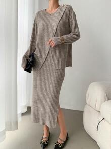 SHEIN Clasi 2 件套仿针织毛绒罗纹优雅裙子套装 - 棕色 - 查看 6
