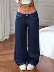 SHEIN EZwear Women's Casual Plaid Patchwork Elastic Waist Loose Wide-Leg Jeans - Blue - View 5