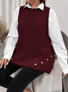EMERY ROSE Plus Size Casual Solid Solid Color Pullover Mouwloos Knoopdetail Achterkant Trekkoord Los Hoog Laag Sweater Vest Herfst Dames Sweater Vesten,Western Dameskleding,Winter Sweater Vesten