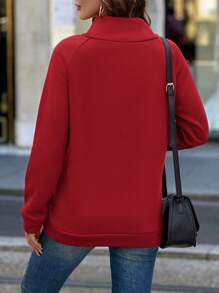 SHEIN LUNE 立领纽扣细节插肩袖卫衣保暖 - 酒紅色 - 查看 2