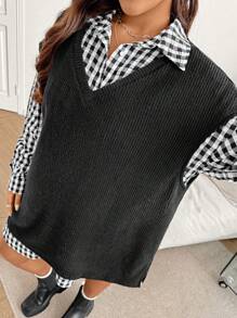 SHEIN EZwear Plus Size 2pcs/Set Plaid Print Dress And Vest Suit For Casual Daily Wear, Autumn