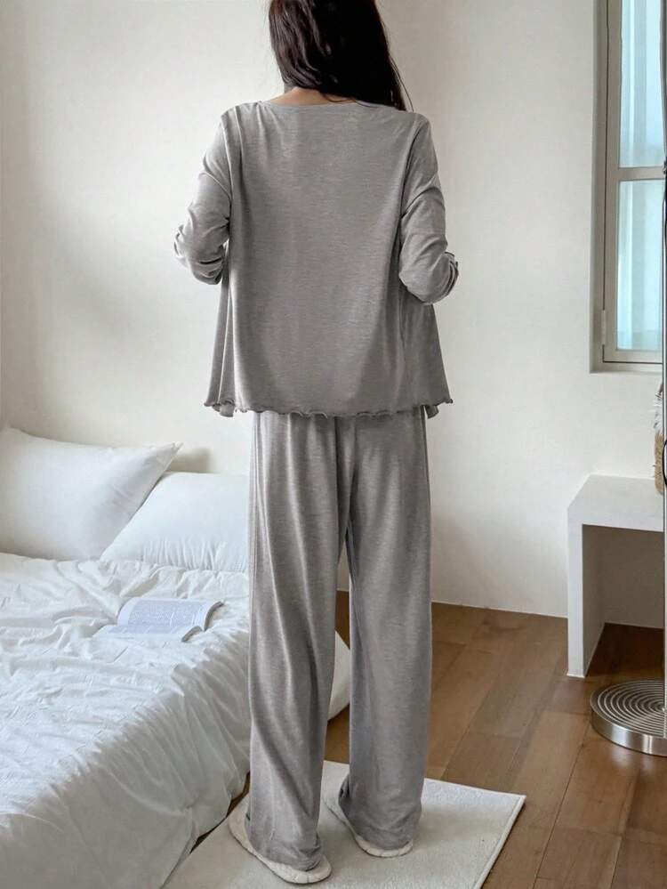 3pcs Set Contrast Color Lace Patchwork Button Placket Top, Camisole Top And Pants Sleepwear Pajama Set, Fall Winter Clothes