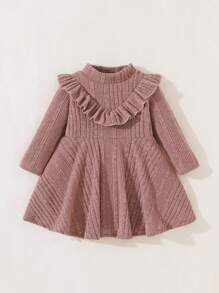 SHEIN Baby Girls' Casual Everyday Cute, Warm And Comfortable Knit Dress, Made Of Soft Knit Fabric, Suitable For Baby's Daily Activities, Outdoor In Autumn/Winter, Kindergarten And Home Leisure