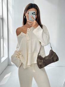 SHEIN Unity 女士纯色前扣长袖休闲衬衫，日常穿着 - 杏色 - 查看 6