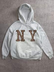 SHEIN EZwear Casual Minimalist Leopard Print Letter Graphic Hooded Long Sleeve Loose Fit Sweatshirt For Women
