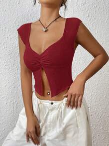 SHEIN EZwear Ruched Split Hem Cap Sleeves Crop Tee - Burgundy - View 3