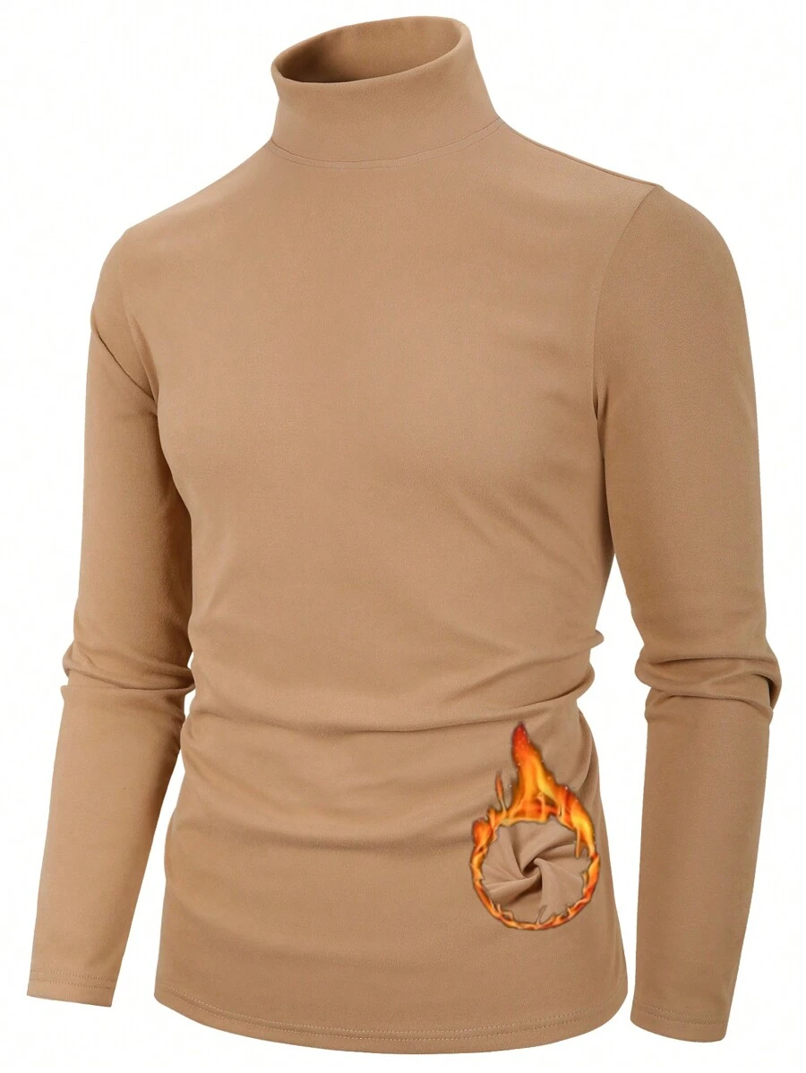 Manfinity Bizformal Men's Solid Color High Collar Fleece Casual Long Sleeve T-Shirt - Khaki - View 1