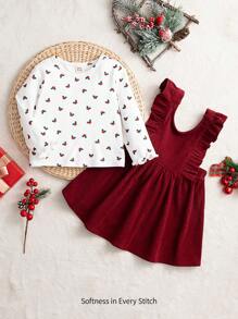 Cozy Pixies 2pcs Set: Baby Girl Christmas Print Round Neck Long Sleeve Pullover Top And Sleeveless Dress