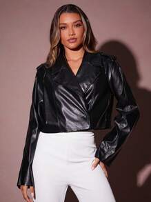 Hauture Áo khoác PU ve đơn giản dài tay màu trơn cho nữ, mặc thường ngày - màu đen - Xem 7