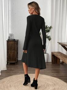 SHEIN LUNE Women's Casual Plain Color Ribbed Midi Dress, Cinched Waist Design, Autumn