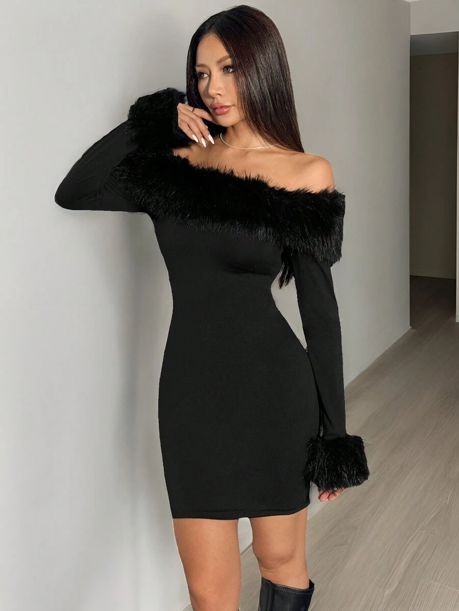 Muchica Women Off-Shoulder Black Knit Fluffy Trim Fitted Mini Bodycon Dress - Black - View 1