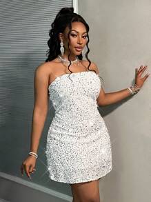 Slaydiva Plus Size Elegant Sequin Embellished Fitted Waist A-Line Mini Dress In Black, Suitable For Party/Event In Autumn/Winter - White - View 3