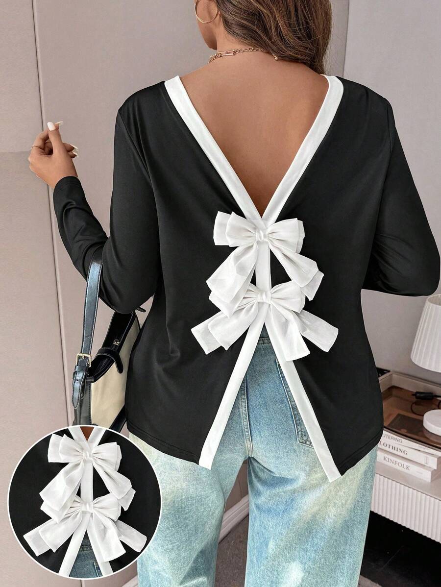 Calvaya Áo thun nữ cổ tròn tay dài màu trơn thường ngày cỡ lớn có nơ thiết kế lưng - màu đen - Xem 1