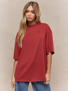 MISSGUIDED Embroidered Logo Drop Shoulder Oversized Crew Neck T-Shirt - Redwood - View 1
