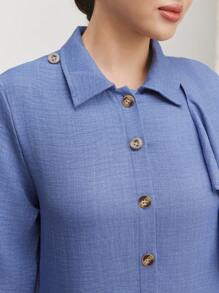 Graceveil 女士纯色中式领纽扣装饰阿拉伯连衣裙，朴素长袖休闲衬衫阿拉伯连衣裙，适合日常休闲/旅行/度假/休假 - 藍色 - 查看 6