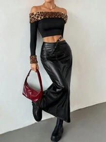 SHEIN X Belinda SHEIN Essnce Women's PU Leather Long Skirt With Buckle Corset Waist Design - Black - View 5