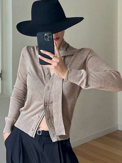 DAZY 女士纯色修身V领系带开衫，秋装