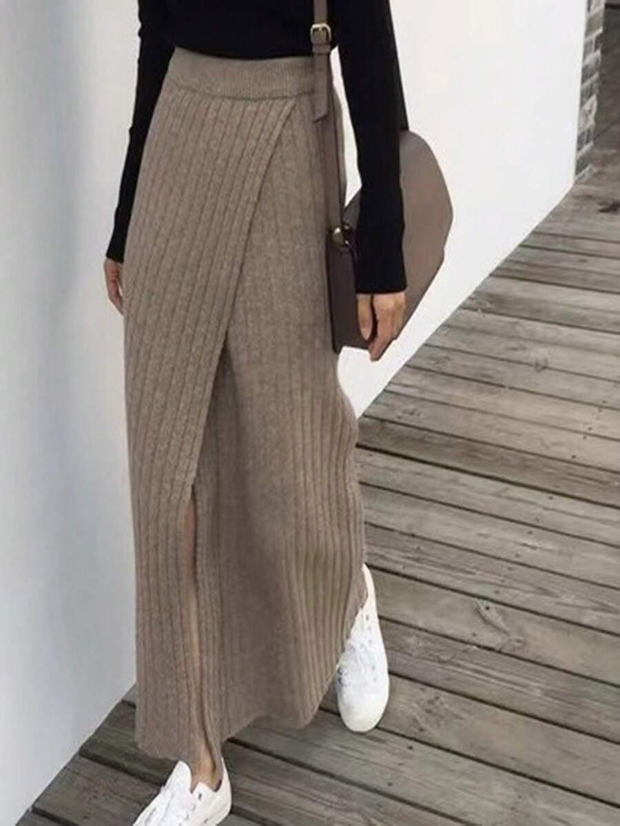 INAWLY 女士休闲纯色前裹式罗纹针织毛衣裙 - 駝色 - 查看 1