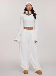 SHEIN BASICS Casual Solid Color Knitted Long Sleeve V-Neck Top & High Waist Long Pants 2pcs Set For Women, Thermal Chic, Cozy Chic, Daily Commute